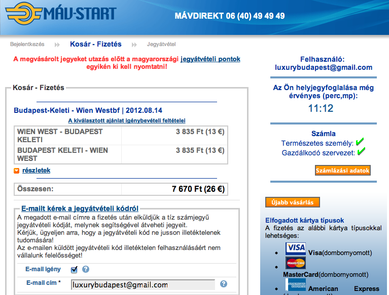 Booking a ticket in advance for Budapest Vienna online MAV system